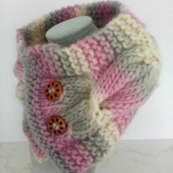 Pure Norwegian Viking Wool Cable Knit Neck Warmer in Misty Pink, Handmade Scarf