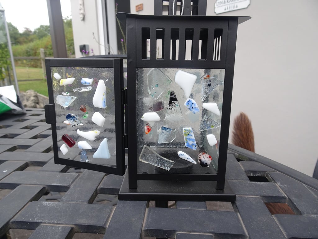 Small Fused Glass Random Blob Lantern.  Black Metal Frame