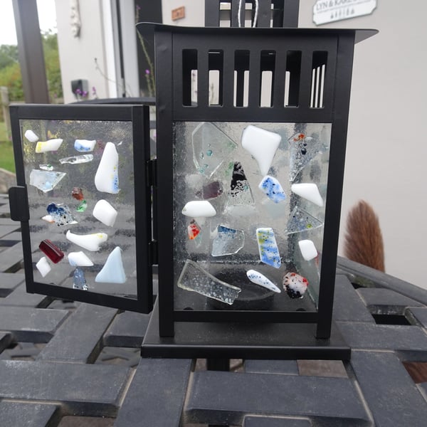 Small Fused Glass Random Blob Lantern.  Black Metal Frame