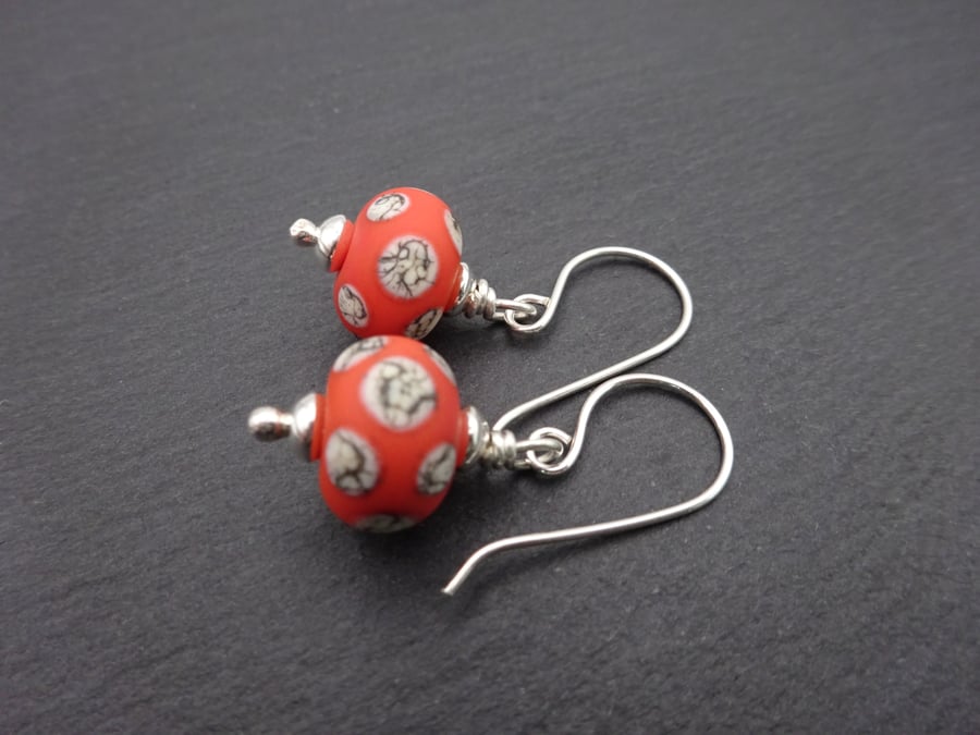 lampwork glass earrings, orange and ivory spot sterling silver jewellery