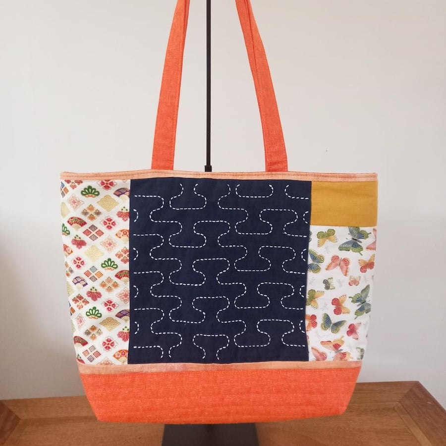 Sashiko panel orange patchwork Tote Bag