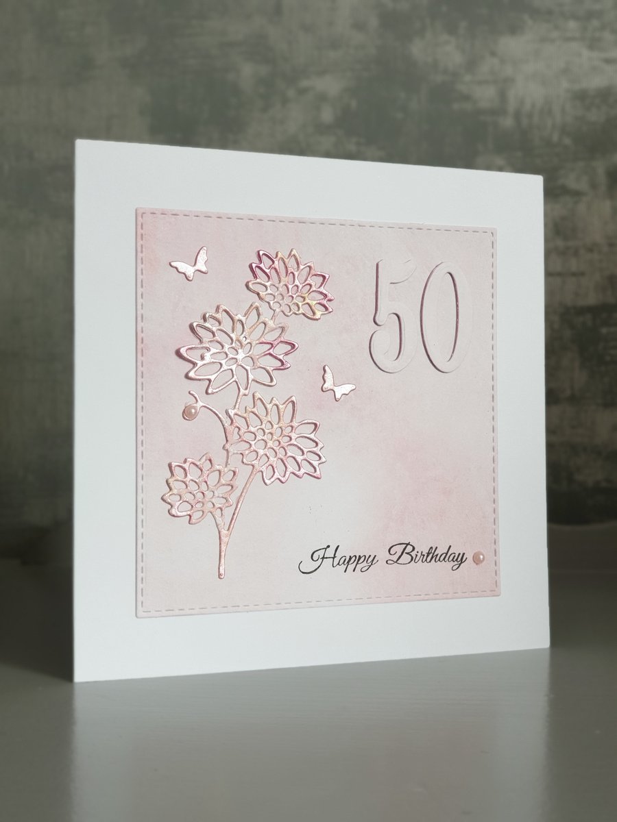 Pink Dahlia 50th Birthday Card 