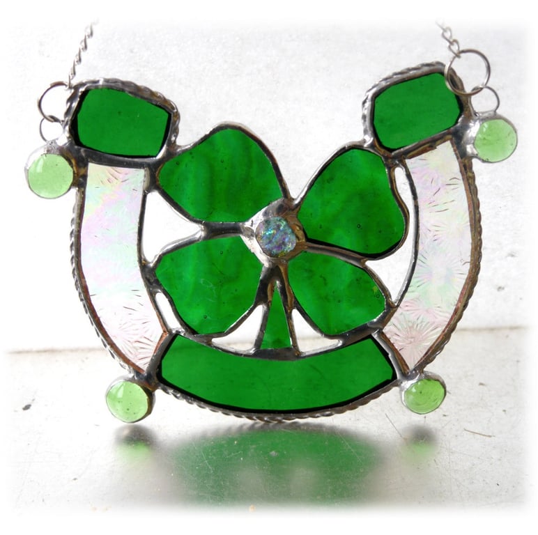 Good Luck Horseshoe Clover Shamrock Stained Glass Suncatcher 003