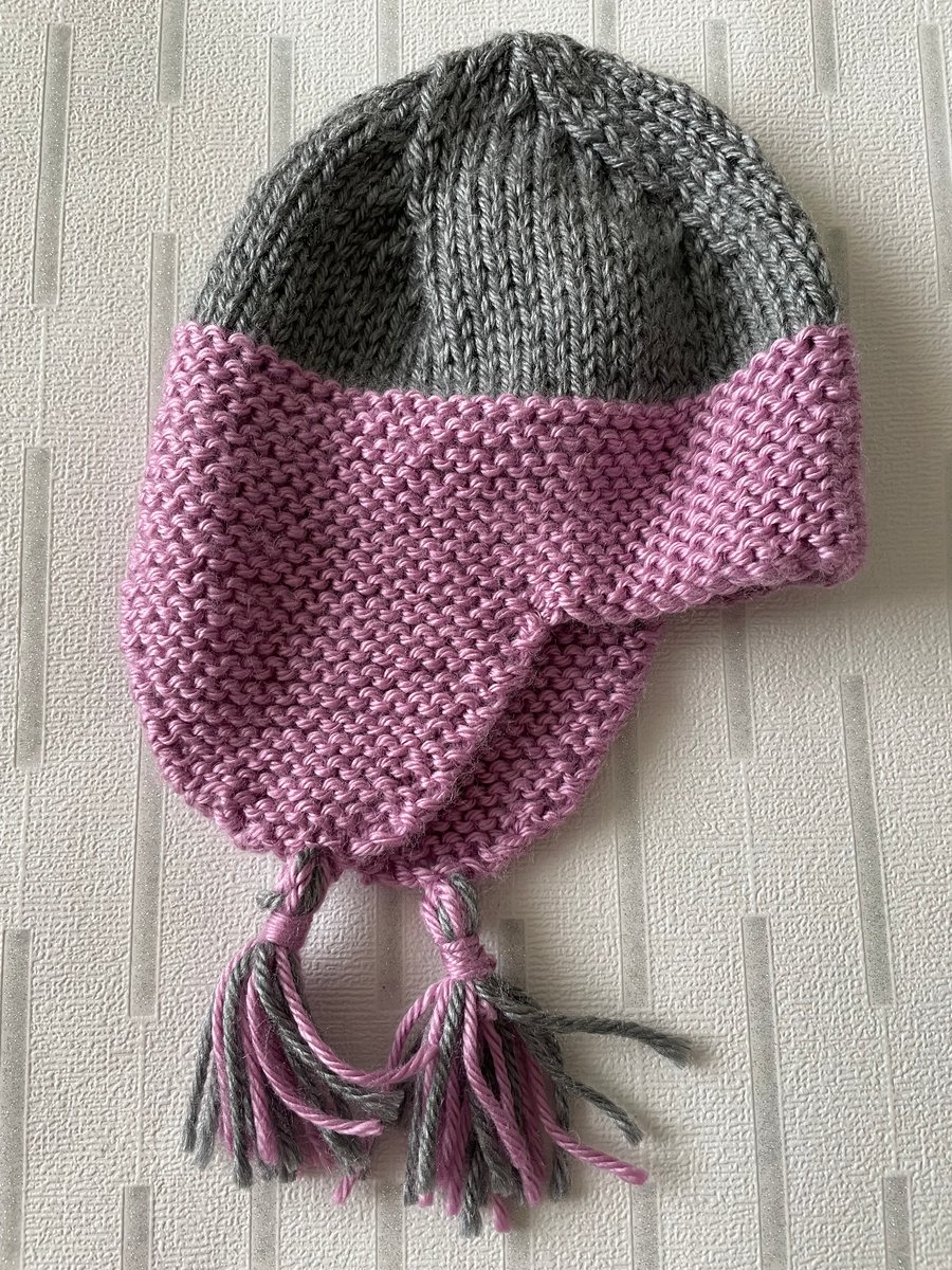 Grey and Heather ear flap hat with tassels