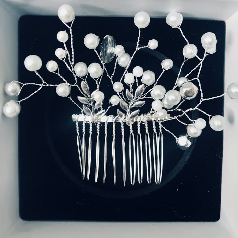 Bride or Bridesmaids Hair Comb - Glossy White Pearls and Leaves