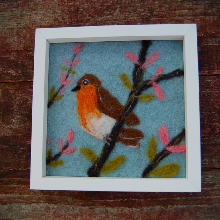 Robin in a cherry tree-  Needle felted  picture - 
