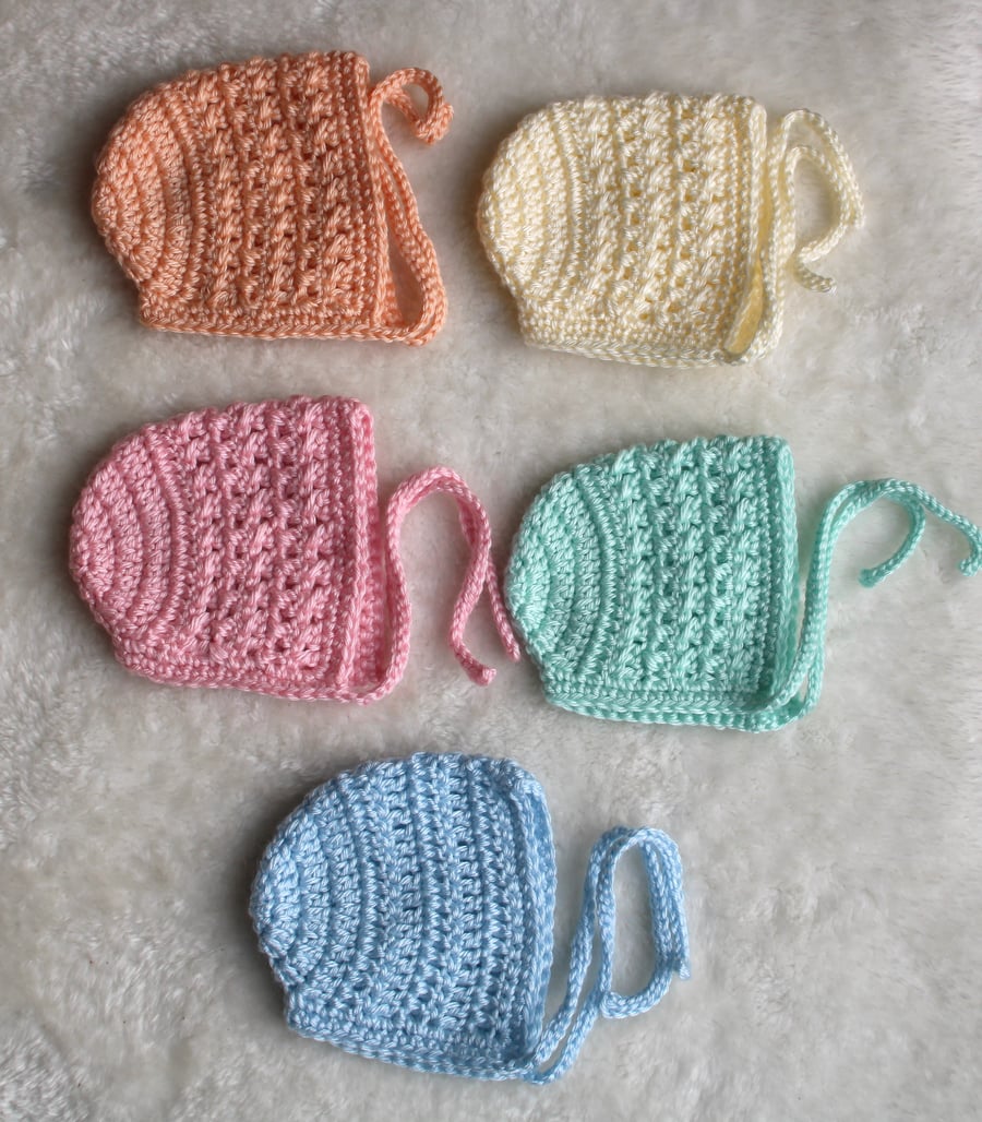 Newborn Baby Bonnets - Larger Preemie Smaller Newborn - Various Pastel Colours