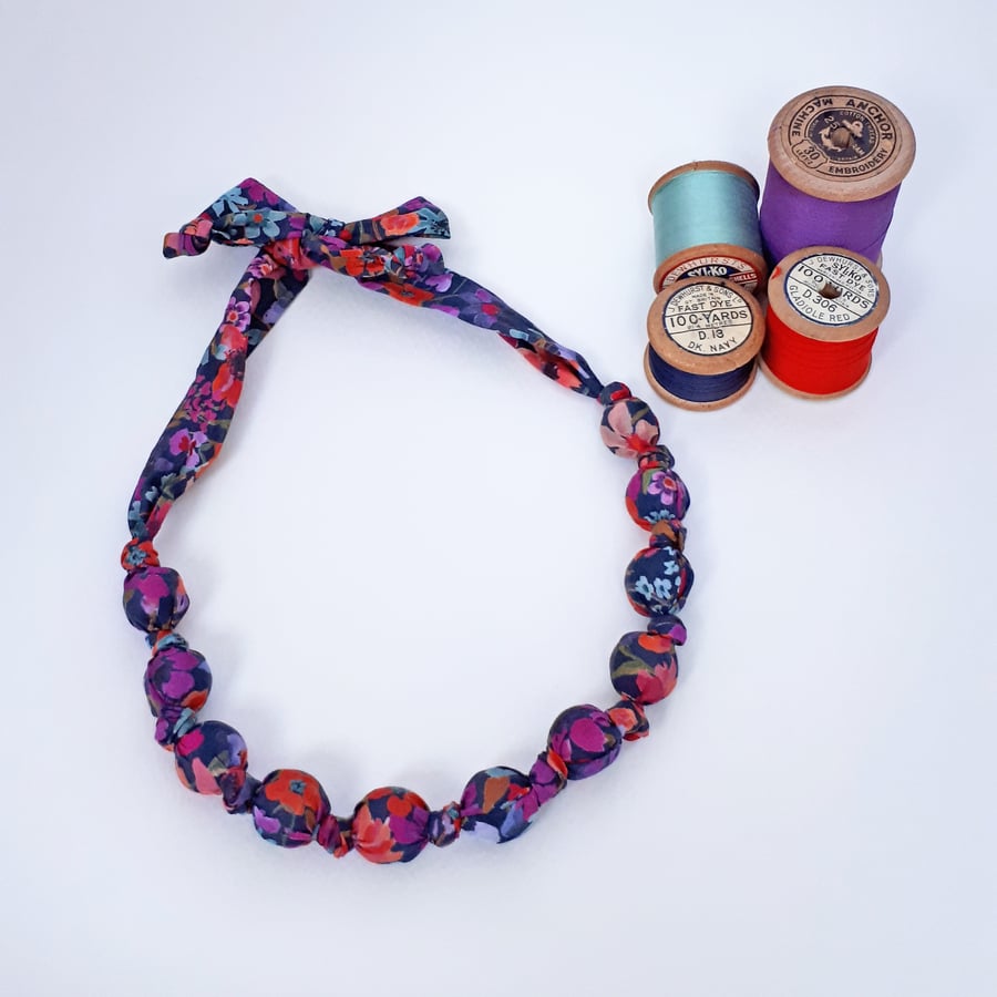 Navy Orange Pink Blue & Khaki Liberty Print Fabric Necklace - Dreams of Summer 