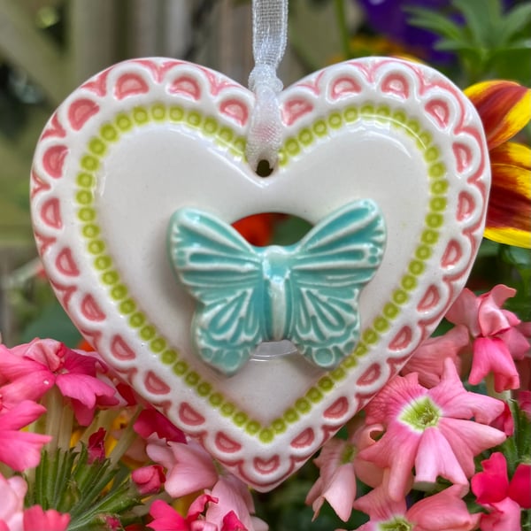 Small Ceramic heart decoration with turquoise butterfly