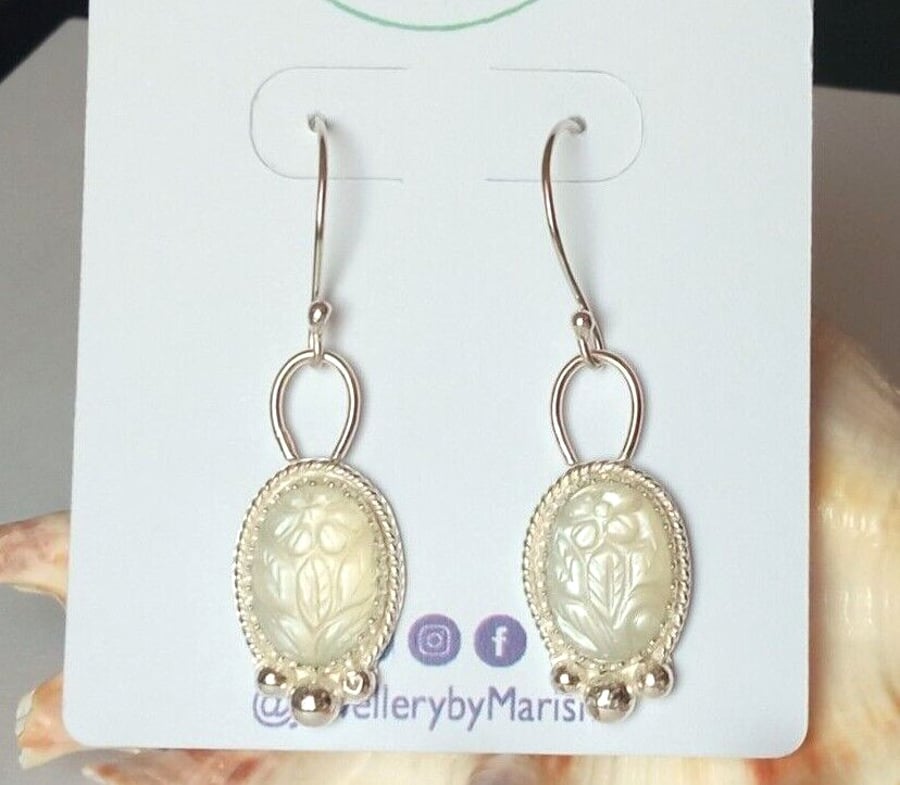 Moonstone Earrings Sterling Silver Floral Mughal Carving Jewellery Gift Dangle