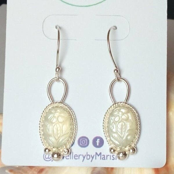 White Moonstone Floral Mughal Carving Sterling Silver & Recycled Silver Earrings