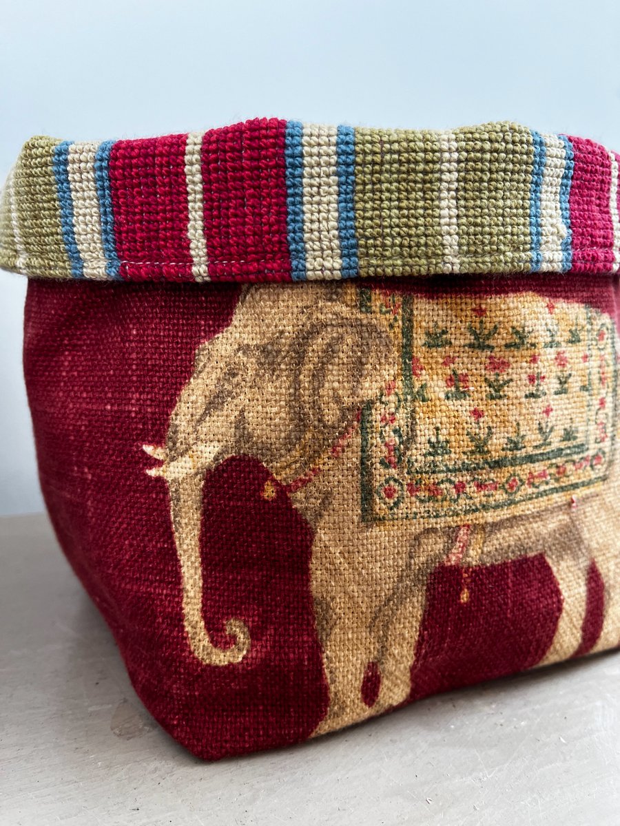 Elephant and stripe reversible fabric basket plant pot gift bag