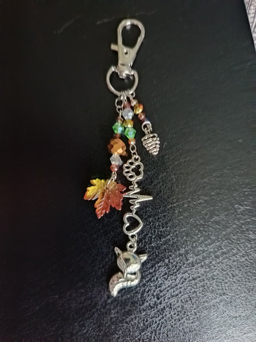 Autumnal beaded bag charm with pine cone, leaf and fox charms 