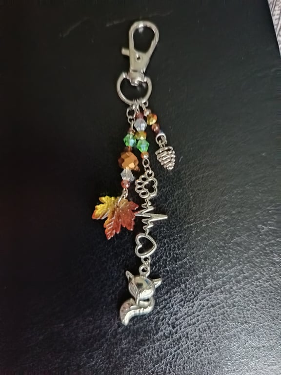 Autumnal beaded bag charm with pine cone, leaf and fox charms 