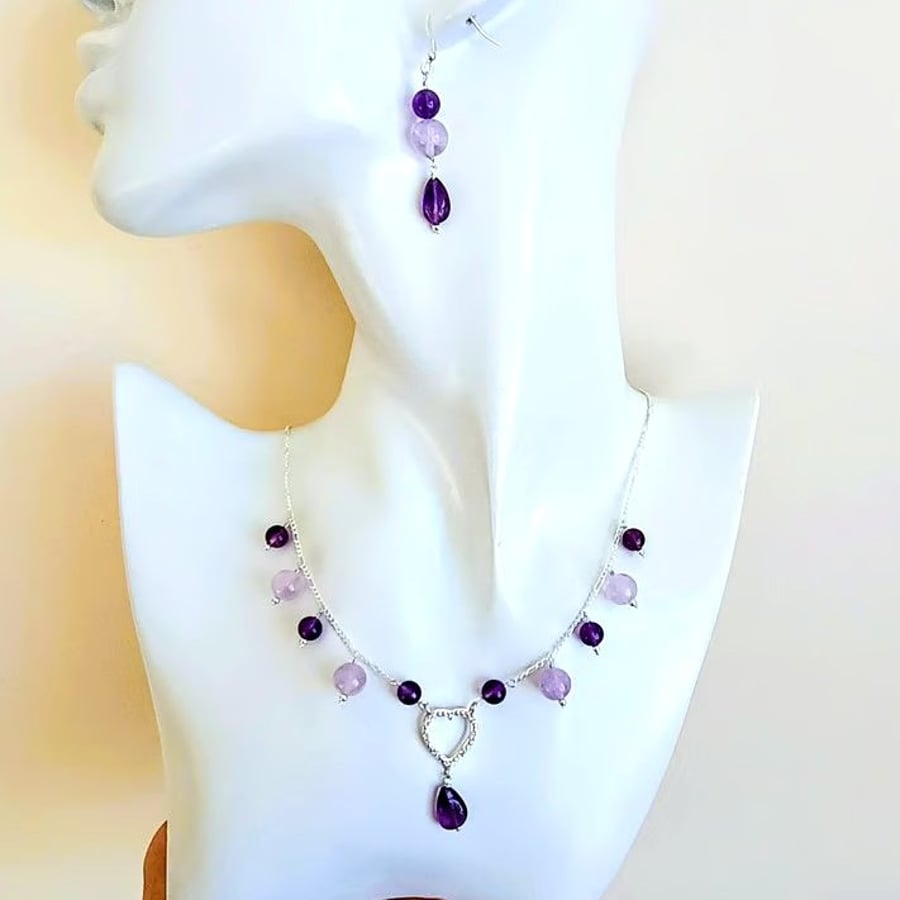 Amethyst & Zircon Sterling Silver Heart Necklace Earring Set: Figaro Chain