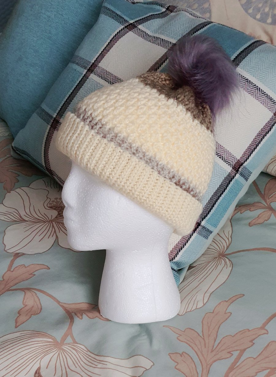 Unisex natural Hat, crochet with pompom