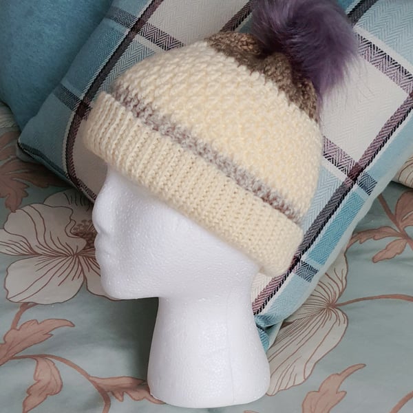Unisex natural Hat, crochet with pompom