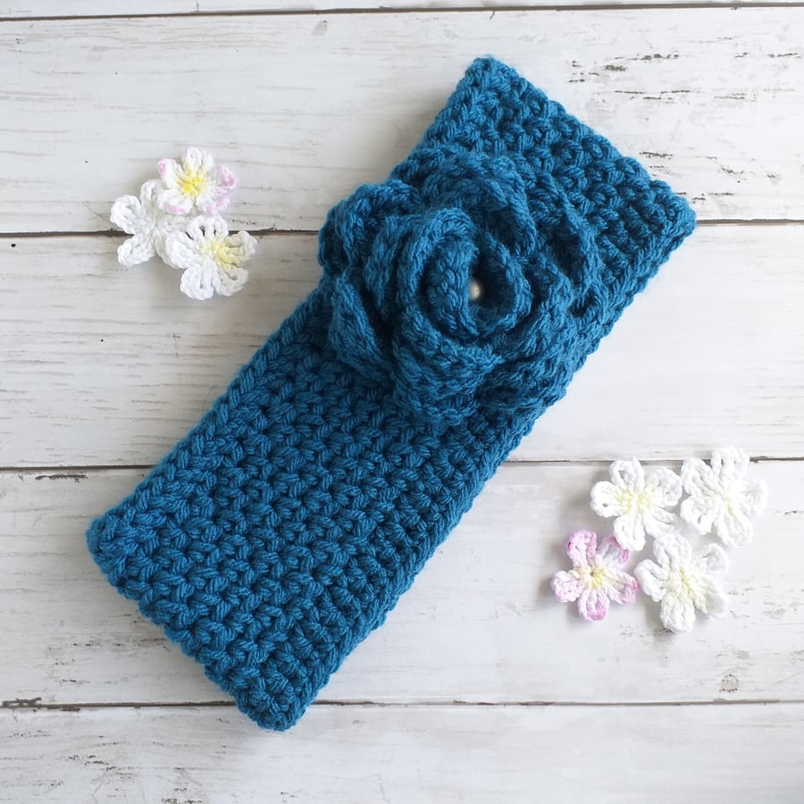 Crochet Headband with Rose Detail, Wide and Chunky Women’s Ear Warmers
