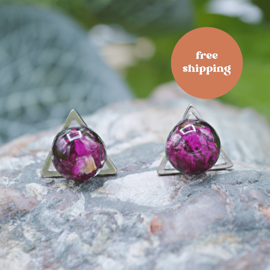 Purple Rose Petal Triangle Stud Earrings - Free Postage