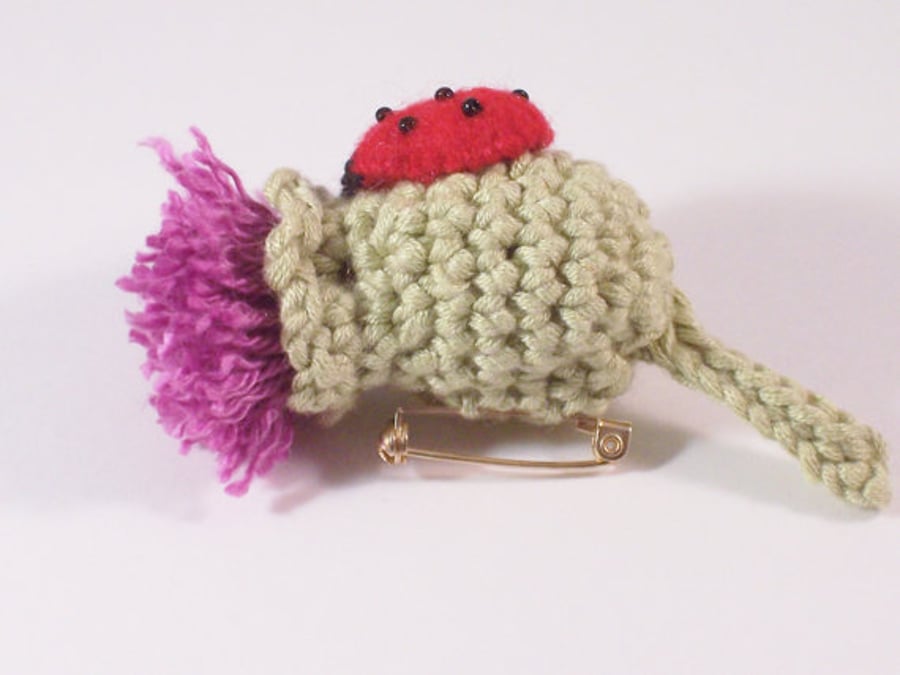 Crochet thistle and felt ladybird brooch - made to order