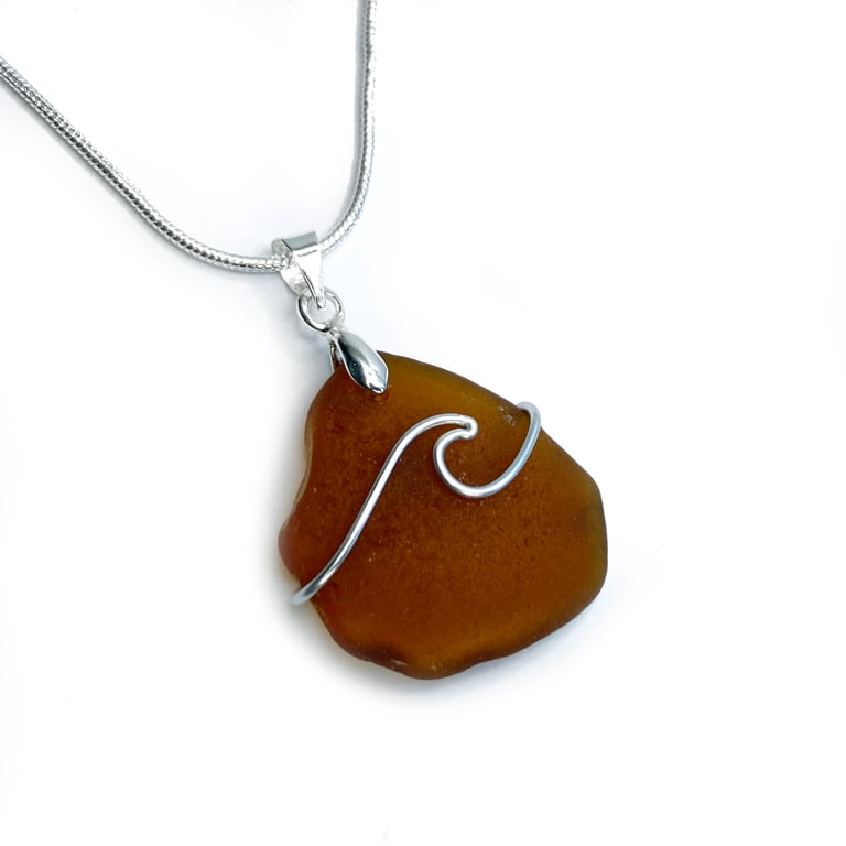 Sea Glass Pendant - Amber Beach Glass - Handmade Wave Necklace Jewellery