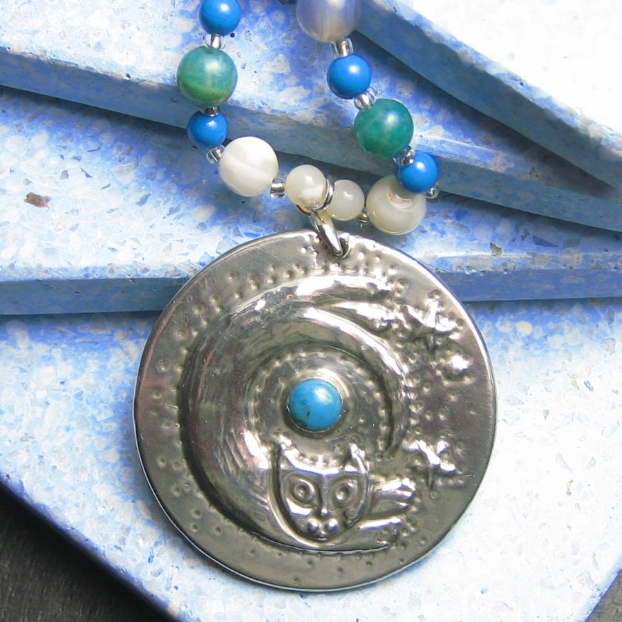  Turquoise Cat Pendant Necklace with Gemstones