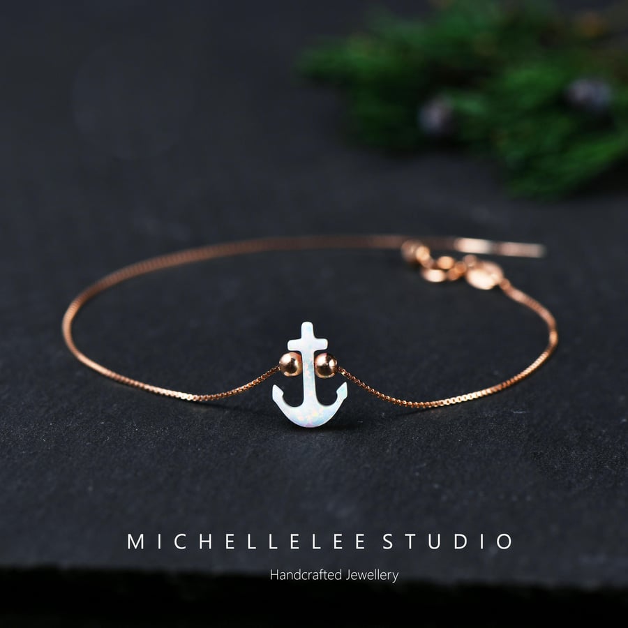 Opal Anchor Bracelet With 925 Sterling Silver Chain