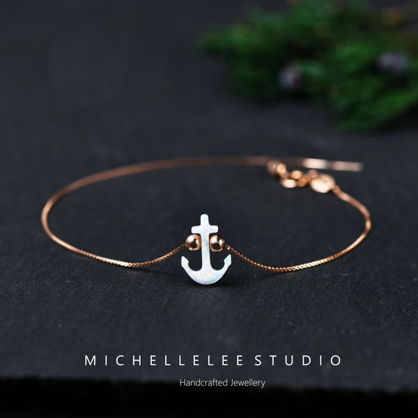 Opal Anchor Bracelet With 925 Sterling Silver Chain