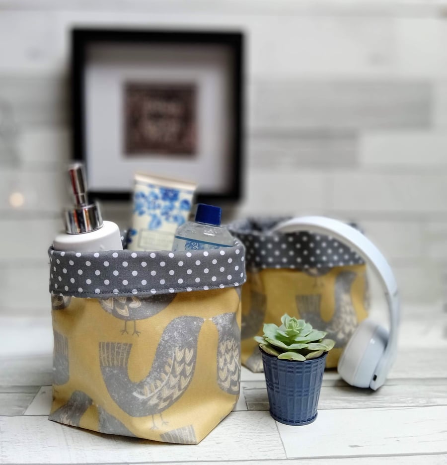 Two Matte Oilcloth Scandi Birds Contemporary Storage Baskets