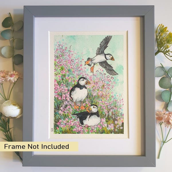 Three puffins with sea thrift, an original artwork, bird art, bird painting