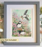 Three puffins with sea thrift, an original artwork, bird art, bird painting