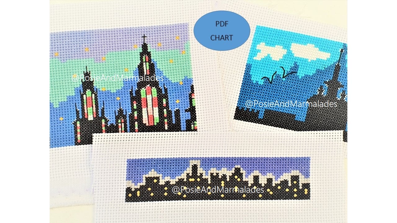 City Skyline Cross Stitch Pattern: Scenic Rooftop Set of 3 (PDF Download)
