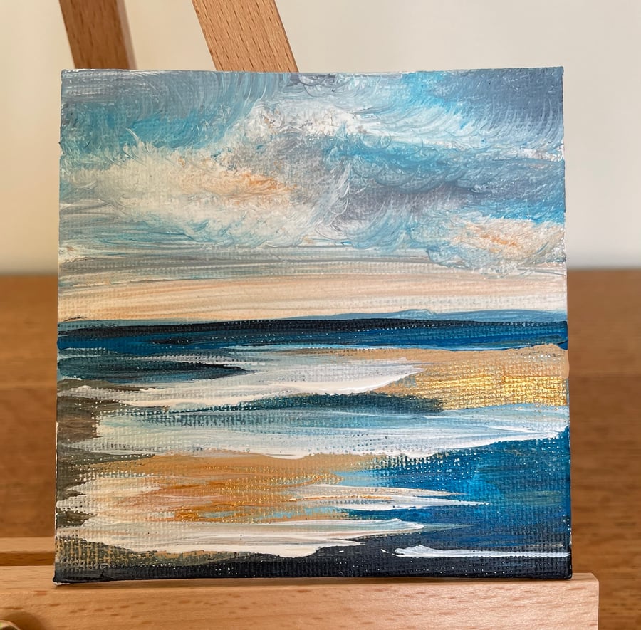 Tiny, vibrant abstract seascape painting acrylic on canvas board, original art,