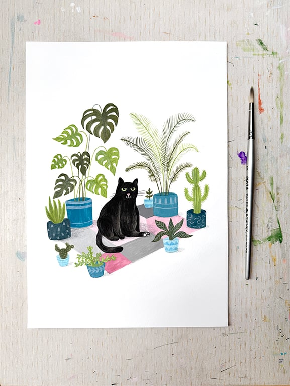 Original Black Cat Painting - Gouache Painting - One of a kind