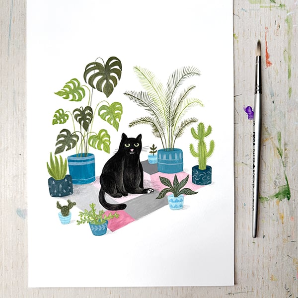Original Black Cat Painting - Gouache Painting - One of a kind