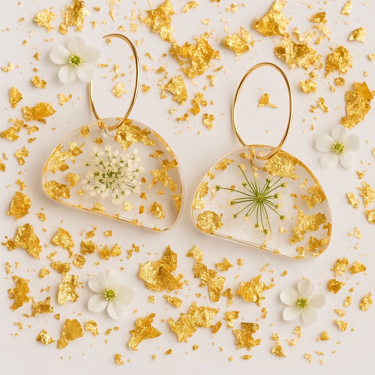 White Flower Resin Dangle Earrings with Gold Leaf – Botanical Hoop Jewellery 