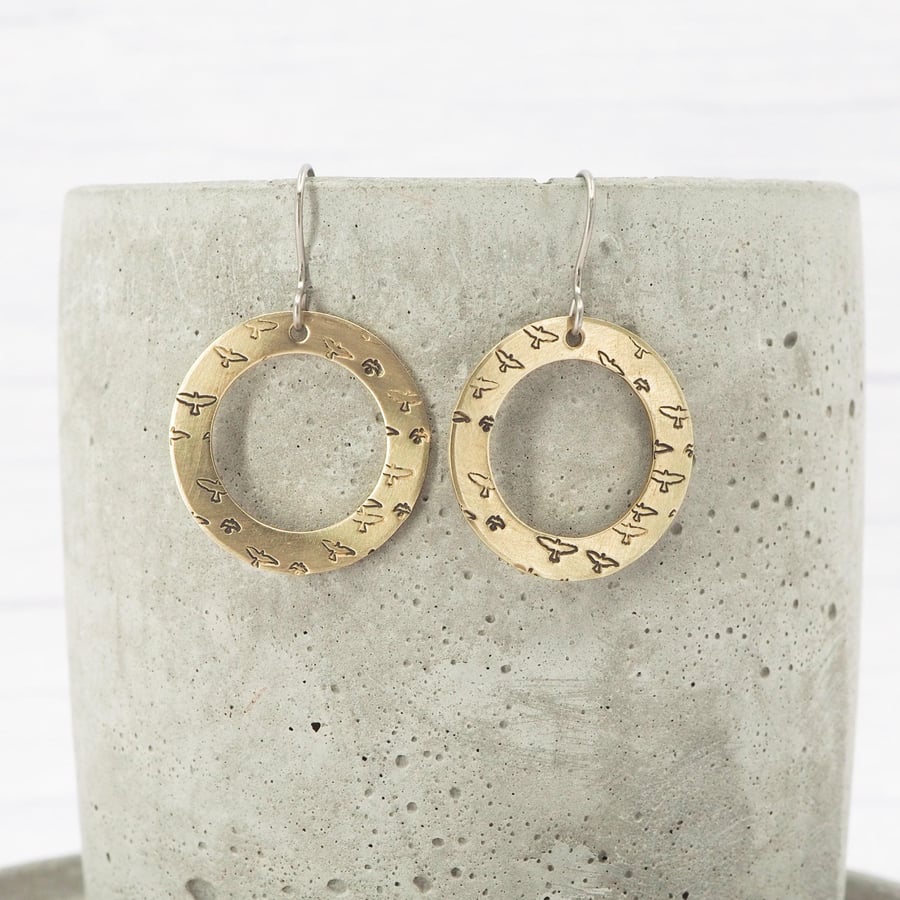 Small Brass bird stamped hoop dangle earrings - Titanium ear wires 