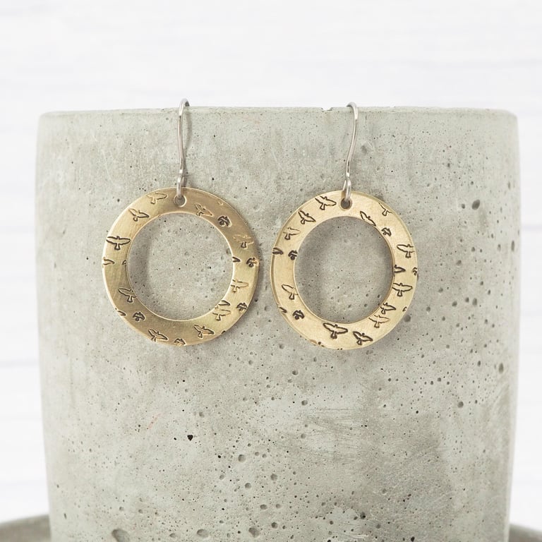 Small Brass bird stamped hoop dangle earrings - Titanium ear wires 