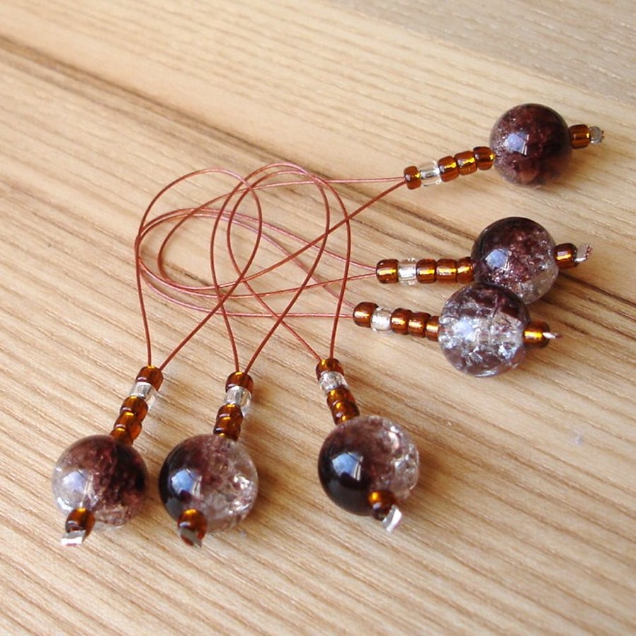 Large Brown Glass Bead Knitting Stitch Markers pack of 6