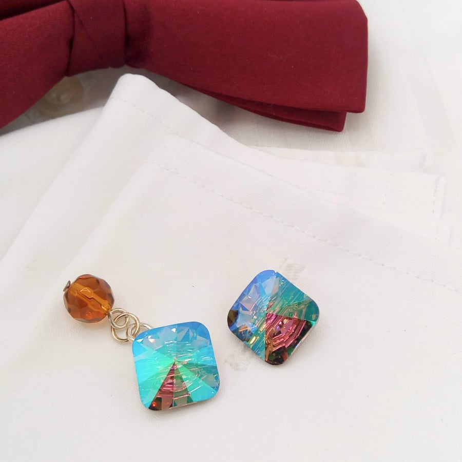 Cuff Links With Crystal Paradise Square Crystal Elements Buttons, Gift for Him