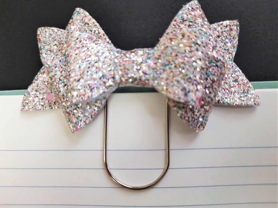 White & multi-colour glitter bow paperclip book mark planner accessory