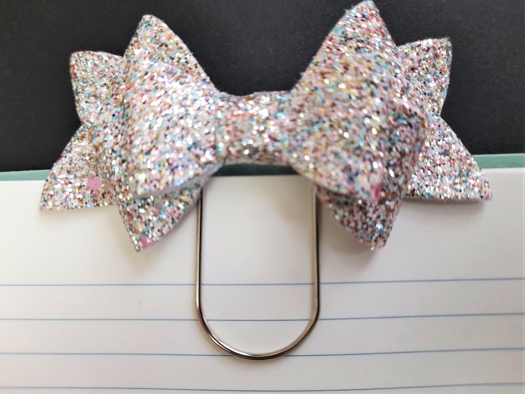 White & multi-colour glitter bow paperclip book mark planner accessory