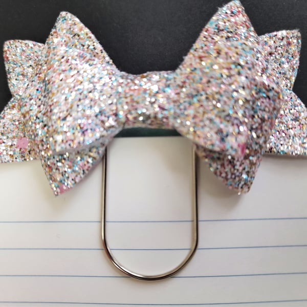 White & multi-colour glitter bow paperclip book mark planner accessory