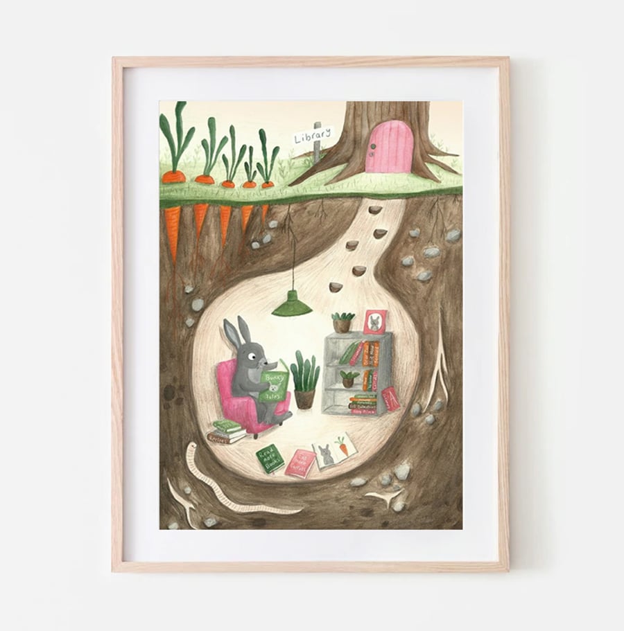 Rabbit art print - Book Lovers - Nursery Decor - A4 Print
