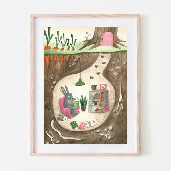 Rabbit art print - Book Lovers - Nursery Decor - A4 Print
