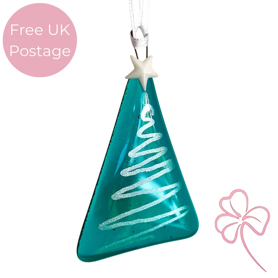 Peacock Blue Fused Glass Swirl Christmas Tree Decoration