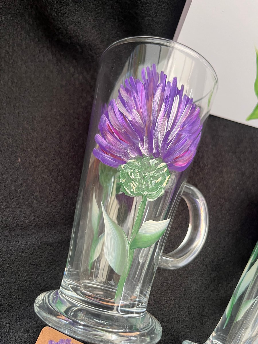 Pair of hand painted thistle latte glasses with matching gift card and tag