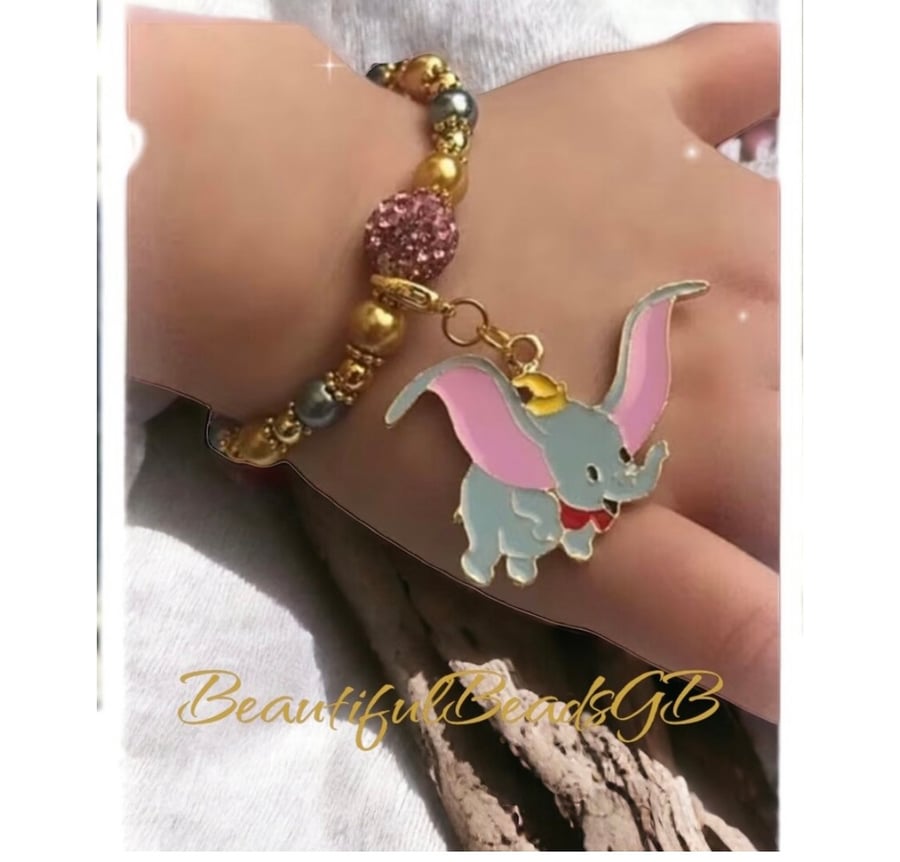 Elephant shamballa pink grey gold stretch beaded bracelet gift 