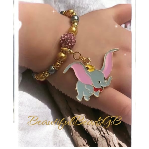 Elephant shamballa pink grey gold stretch beaded bracelet gift 