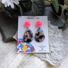 Mottled and Neon Pink Acrylic Earrings 